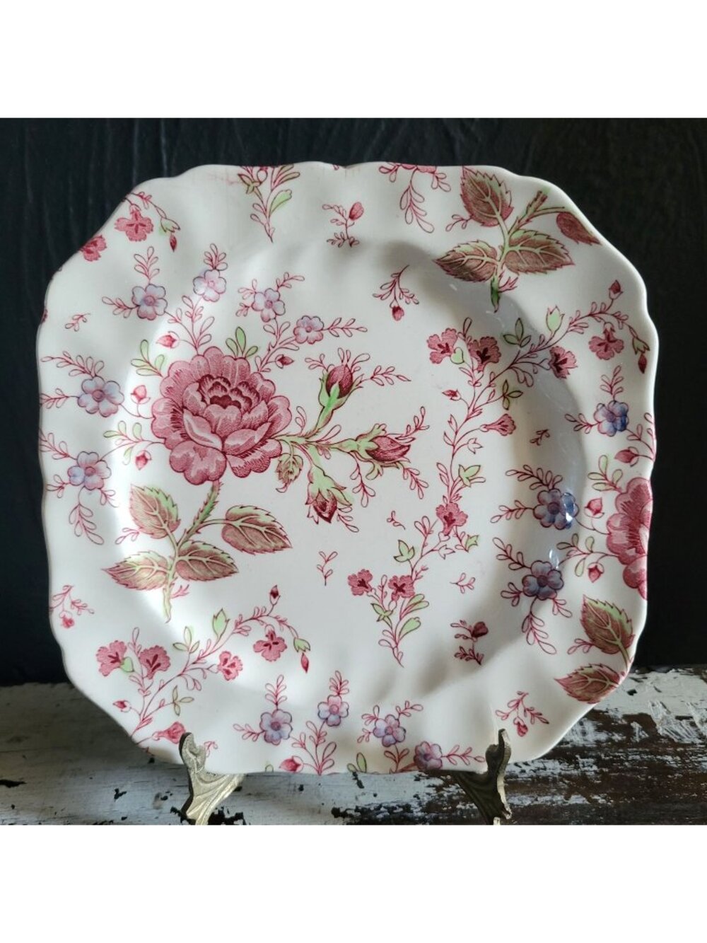 Vintage Johnson Brothers Rose Chintz Square Salad Plate Pink Backstamp *Read